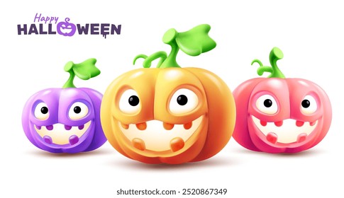 Vector happy halloween holiday illustration of set of cute pumpkin character with glow scary face on white color background. 3d style realistic design of halloween carved smile different color pumpkin