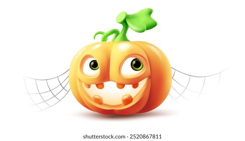 Vector happy halloween holiday illustration of cute pumpkin character with glow scary face on white background. 3d style realistic design of halloween carved smile orange pumpkin monster with web