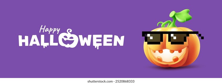 Vector happy halloween holiday illustration of cute pumpkin character with glow scary face on color background. 3d style realistic design of halloween carved smile orange pumpkin monster in sunglasses