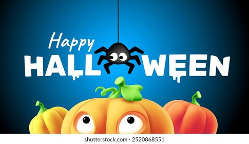 Vector happy halloween holiday illustration of cute pumpkin character with scary face and spider on dark background with happy halloween word. 3d style realistic design of halloween orange pumpkin