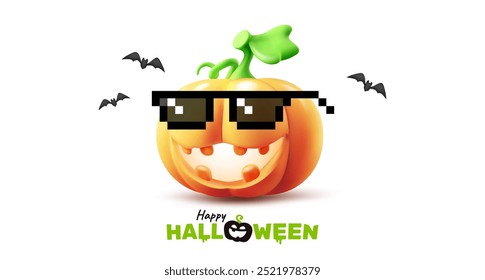 Vector happy halloween holiday illustration of pumpkin character with glow scary face and bat on white background. 3d style realistic design of halloween smile orange pumpkin in sunglasses with word