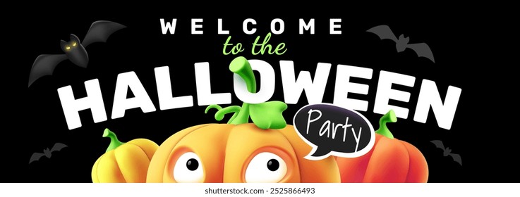 Vector happy halloween holiday illustration of cute pumpkin character with scary face and bat on black color background with halloween party word. 3d style realistic design of happy orange pumpkin