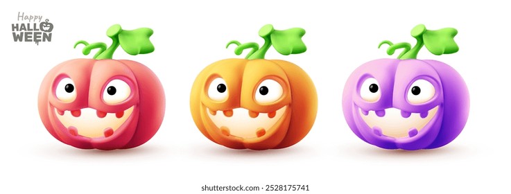 Vector feliz Halloween ilustración de vacaciones de conjunto de diferentes colores lindo personaje de calabaza con cara de miedo brillante sobre fondo de color blanco. Diseño realista del estilo 3D de la calabaza tallada de la sonrisa de Halloween