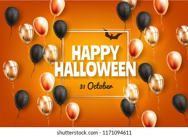 Vector happy halloween holiday poster with black, orange air balloons with happy halloween inscription near bat silhouette on orange background. Traditional trick or treat kids event decoration