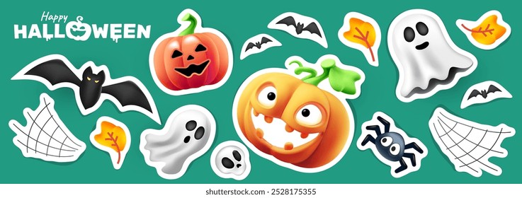 Vector Feliz Halloween conjunto de pegatinas de vacaciones con lindo personaje de calabaza con cara de miedo y fantasma. Diseño realista del estilo 3D del fondo de Halloween con la calabaza naranja, el murciélago y la araña