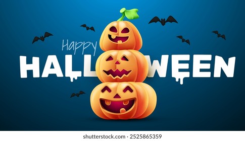 Vector happy halloween illustration of cute pumpkin character with carved scary face on background with happy halloween word and bat. 3d style realistic design of halloween happy smile orange pumpkin