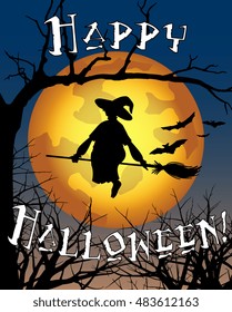 Vector Happy Halloween Illustration With Flying Witch