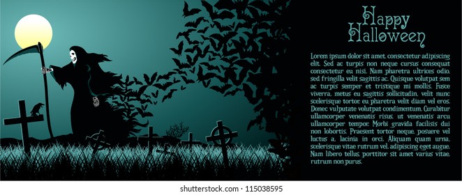 Vector Happy Halloween Illustration with Grim Reaper and bats