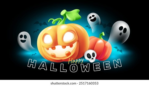 Vector happy halloween illustration of pumpkin character with glow scary face with ghost and skull on dark color background. 3d style realistic design of halloween orange smile pumpkin monster