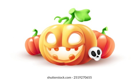 Vector happy halloween illustration of pumpkin character with glow scary face on white color background. 3d style realistic design of halloween smile orange pumpkin with skull for web holiday banner