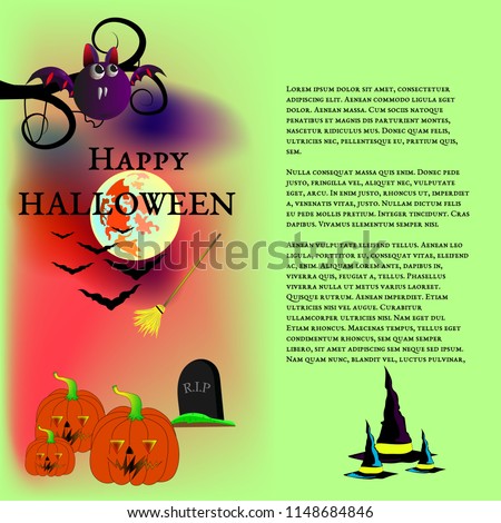 Vector Happy Halloween illustration with pumpkin heads,  grav, witches hats and bats. Green background with place for text. invitation card, brochure, banner,flyer
