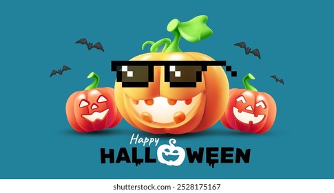 Vector happy halloween illustration of set of cute pumpkin character with glow scary face and bat on color background. 3d style realistic design of halloween smile orange pumpkin in sunglasses