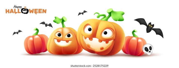 Vector feliz Halloween ilustración de conjunto de personaje lindo de calabaza con cara de miedo brillante y murciélago sobre fondo de color blanco. Diseño realista de estilo 3D de halloween tallado sonrisa naranja calabaza monstruo