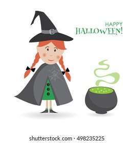 Vector Happy Halloween illustration of wizard girl with cauldron.Traditional festive costume. Funny cartoon character of cute witch. Perfect template for night party poster, creative book's pictures