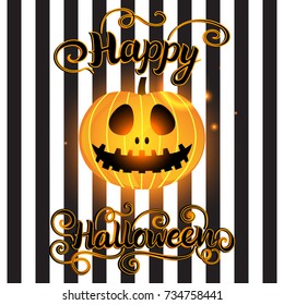 Vector Happy Halloween. Jack-o-lantern pumpkin isolated on seamless pattern background. Lettering is a stylized inscription. Black and white stripe.