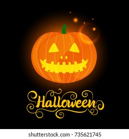 Vector Happy Halloween. Jack-o-lantern pumpkin isolated on black background.