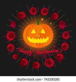 Vector Happy Halloween. Jack-o-lantern pumpkin isolated on black background. Lettering is a stylized inscription. Red roses decorating a festive night.
