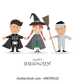 Vector Happy Halloween kids in festive costumes. Cartoon funny illustration of characters. Set of friends: dracula, mummy boy, witch, skeleton, wizard, vampire. Creative children clothes. 