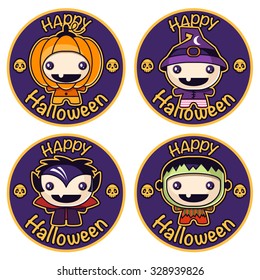 Vector Happy Halloween labels with cute Halloween characters