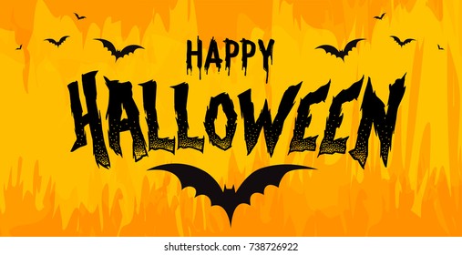 vector happy halloween lettering with flying black bats. A banner, greeting or invitation card design. party invitation