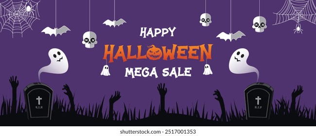 Vector Happy Halloween mega discount sale for social media banner design Halloween sale illustration