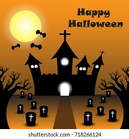 Vector Happy Halloween Night Illustration Of A Silhouette Curved Castle Under The Full Moon With Bats Among Graveyard With Many Tombstones. Two Dead Trees Are Foreground.  
