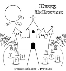 Vector Happy Halloween Night Illustration Of Line Curved Castle Under The Full Moon With Bats Among Graveyard With Many Tombstones. Two Dead Trees Are Foreground. 