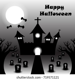 Vector Happy Halloween Night Illustration Of Gray Scale & Silhouette Curved Castle Under The Full Moon With Bats Among Graveyard With Many Tombstones. Two Dead Trees Are Foreground.  