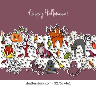 Vector Happy halloween party badges set. Hand sketched lettering on textured background. Template as Scary banner, design, print, poster. Celebration lettering typography poster