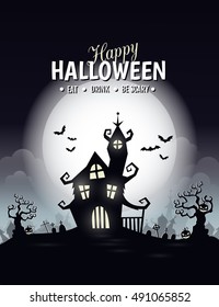 Vector Happy Halloween poster with  creepy castle, pumpkin  and  cemetery. Perfect for greeting card, flyer, banner, poster templates and invitations. Vector night background.