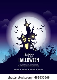 Vector Happy Halloween poster with  creepy castle, pumpkin  and  cemetery. Perfect for greeting card, flyer, banner, poster templates and invitations. Vector night background.