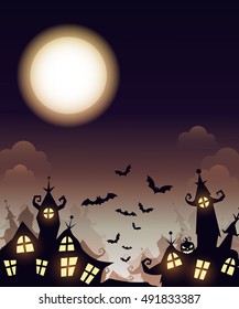 Vector Happy Halloween poster with  creepy city, pumpkin  and  cemetery. Perfect for greeting card, flyer, banner, poster templates and invitations. Vector night background.