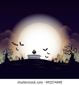 Vector Happy Halloween poster with  creepy  pumpkin, owl, moon  and  cemetery. Perfect for greeting card, flyer, banner, poster templates and invitations. Vector night background.