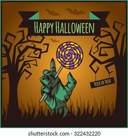 Vector Happy Halloween poster with dead man's hand, holding a candy