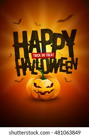 Vector Happy Halloween poster design with Trick or Treat text and pumpkin illustration.