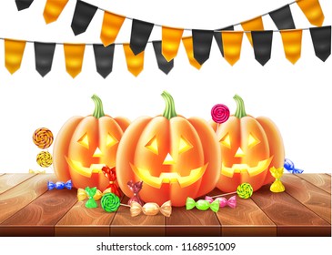 Vector happy halloween poster with jack o lanterns scary pumpkin face on wooden background with orange black realistic buntings. Traditional holiday decoration, autumn trick or treat kids event.