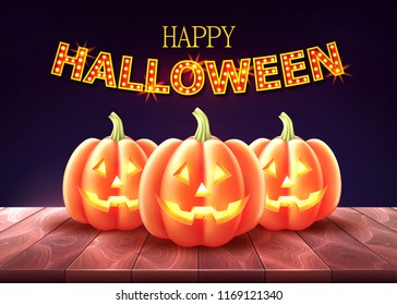 Vector happy halloween poster with jack o lanterns scary pumpkin face on wooden background. Traditional holiday decoration, autumn trick or treat kids event, seasonal greeting card design