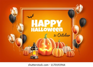 Vector happy halloween poster with jack o lanterns scary pumpkin face, gourds realistic orange, black balloons. Traditional autumn trick or treat kids holiday event decoration design