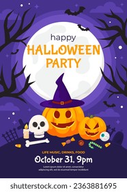 Vector happy Halloween poster template. Holidays party invitation background. Cartoon orange pumpkins, witch bats, full moon, candies, skull on violet. Backdrop, flyer, poster for event