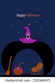 Vector Happy Halloween poster, Witch, hat, shoes, pot, pumpkin.  Doodle cartoon collection with holiday decorations. Funny Halloween greeting card.