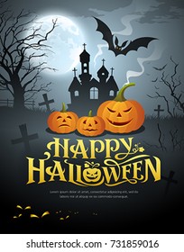 Vector Happy Halloween pumpkin design on moon background, illustrations