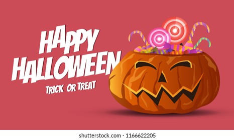 Vector Happy halloween pumpkins with a Candies and Lollipops,greeting card and banner,trick or treat design concept.
