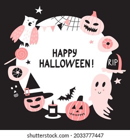 Vector happy Halloween round frame background with cute characters on black background. Pastel colors design with pumpkins, ghost, bat, owl and holiday sweets.