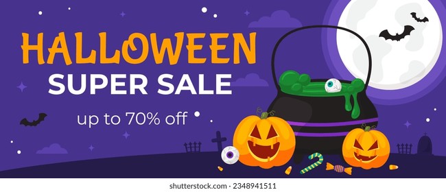 Vector happy Halloween sale banner template. Witches pot with potion, pumpkins, full moon, bat, candies in dark night on cemetery. Backdrop, flyer, poster for event. Place for text