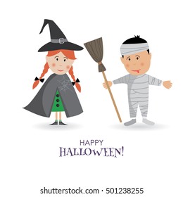 Vector Happy Halloween set of colorful characters. Girl witch in hat and cloak with bandaged mummy boy. Funny cartoon children's illustration. Perfect template for night party concept with cute kids