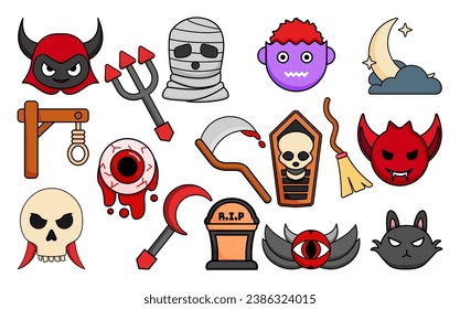 Vector happy halloween set of elements ghost pumpkin bat and cat vector is cute cartoon illustration
