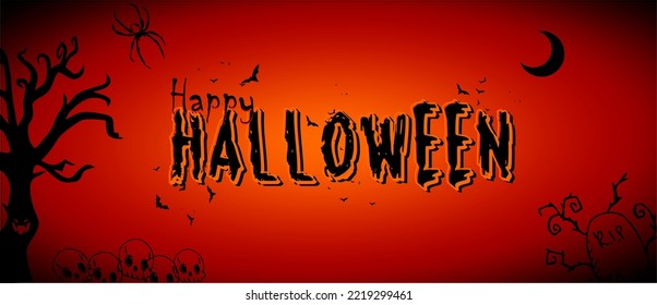 Vector Happy Halloween text design on scary tree background, orange background illustrations