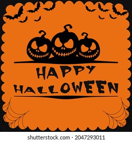 Vector "Happy Halloween" wish. Three pumpkins and bats in square banner or illustration. Orange and black colors.