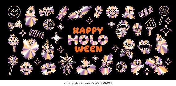 Vector Happy Halloween y2k holographic stickers set. Cool bold retro characters: pumpkinghost, cauldron, spider, skull, eye, bat. Funky groovy Halloween holiday stickers. Various  holo style emblems