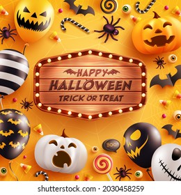 Vector of Happy Halloween.Scary air balloons,Halloween Pumpkin Ghost and Halloween Elements on yellow background.Website spooky or banner Halloween template